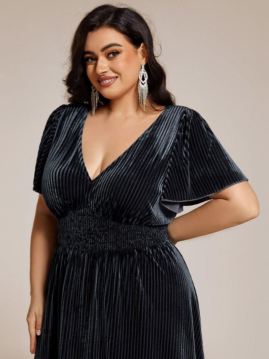 ever AZALEA|Striped Velvet Flutter Sleeves V-Neck Midi Evening Dress
