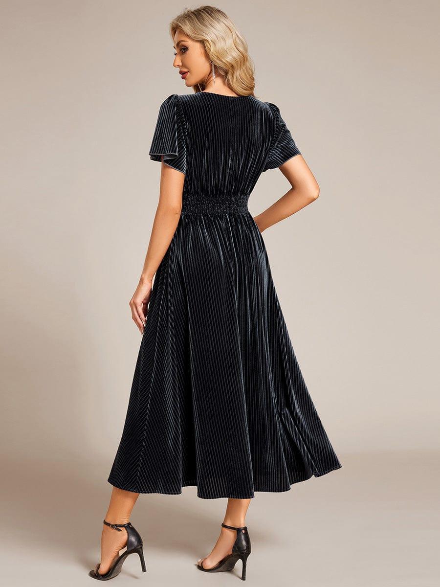 ever AZALEA|Striped Velvet Flutter Sleeves V-Neck Midi Evening Dress