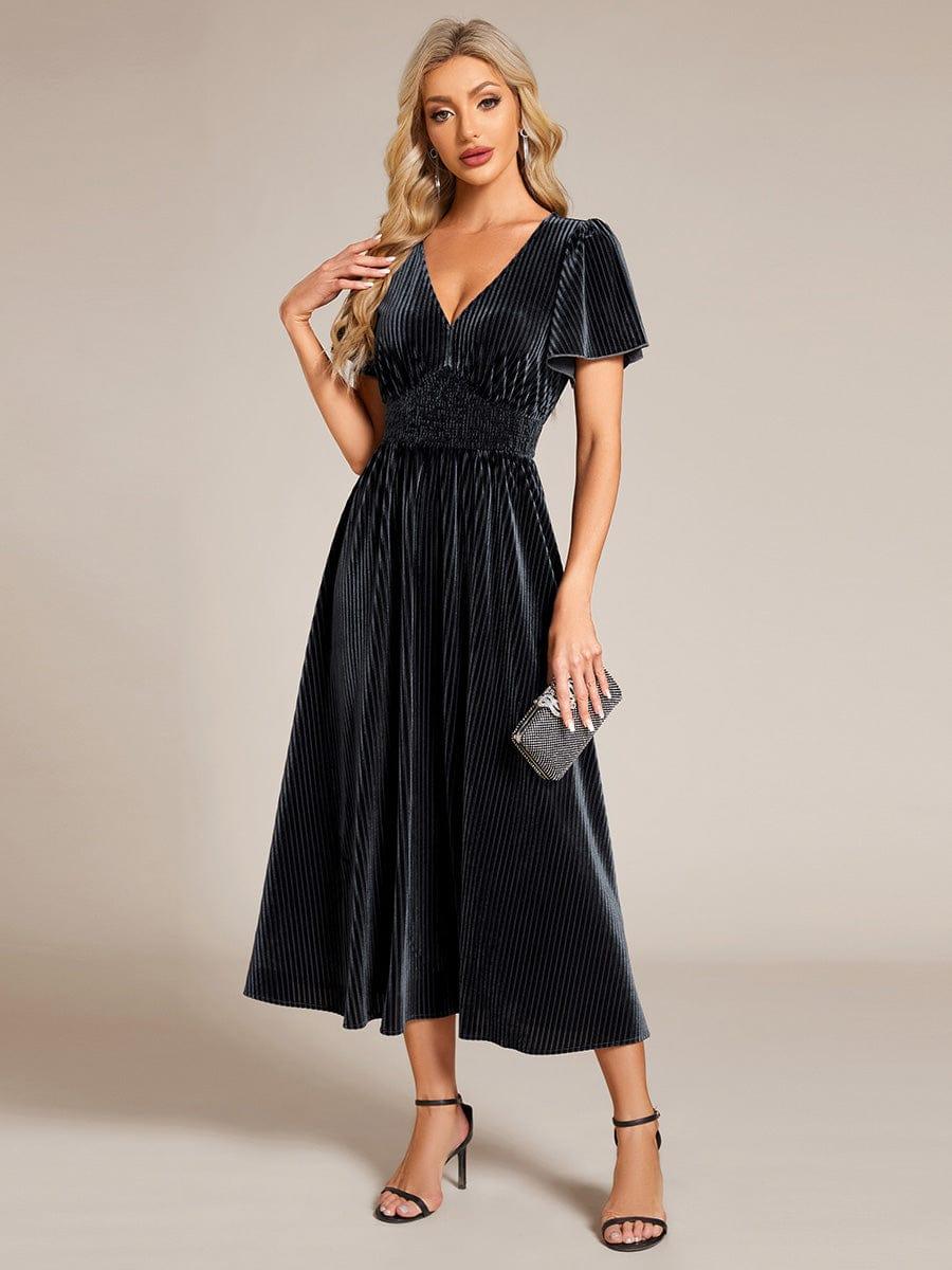 ever AZALEA|Striped Velvet Flutter Sleeves V-Neck Midi Evening Dress