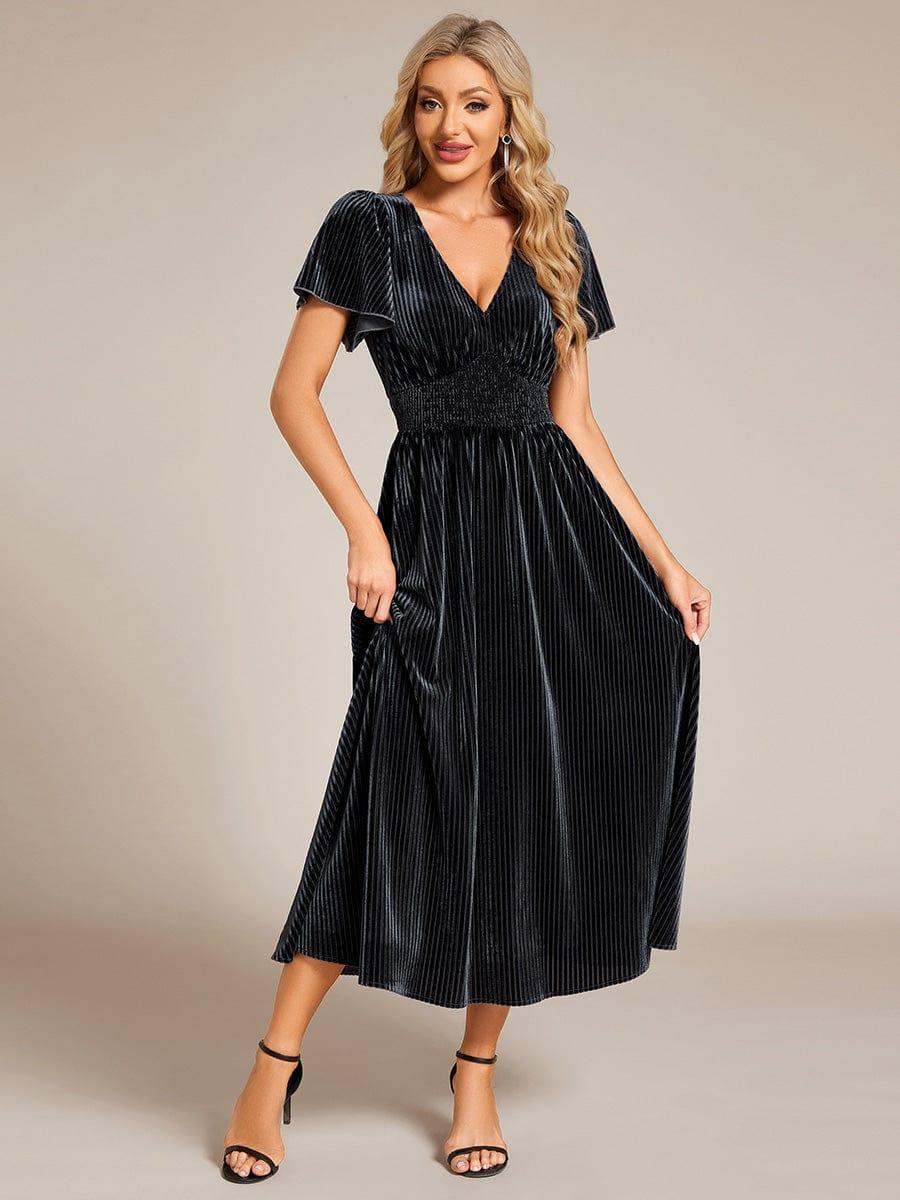 ever AZALEA|Striped Velvet Flutter Sleeves V-Neck Midi Evening Dress