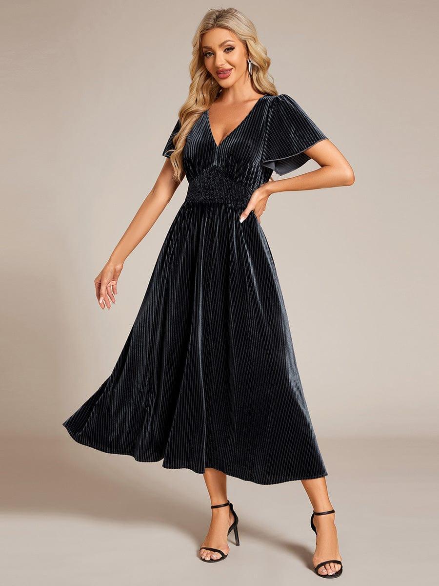 ever AZALEA|Striped Velvet Flutter Sleeves V-Neck Midi Evening Dress