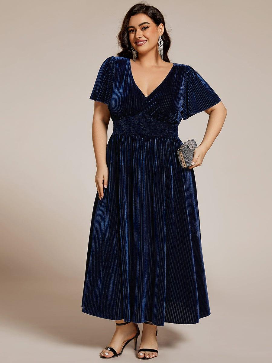 ever AZALEA|Striped Velvet Flutter Sleeves V-Neck Midi Evening Dress