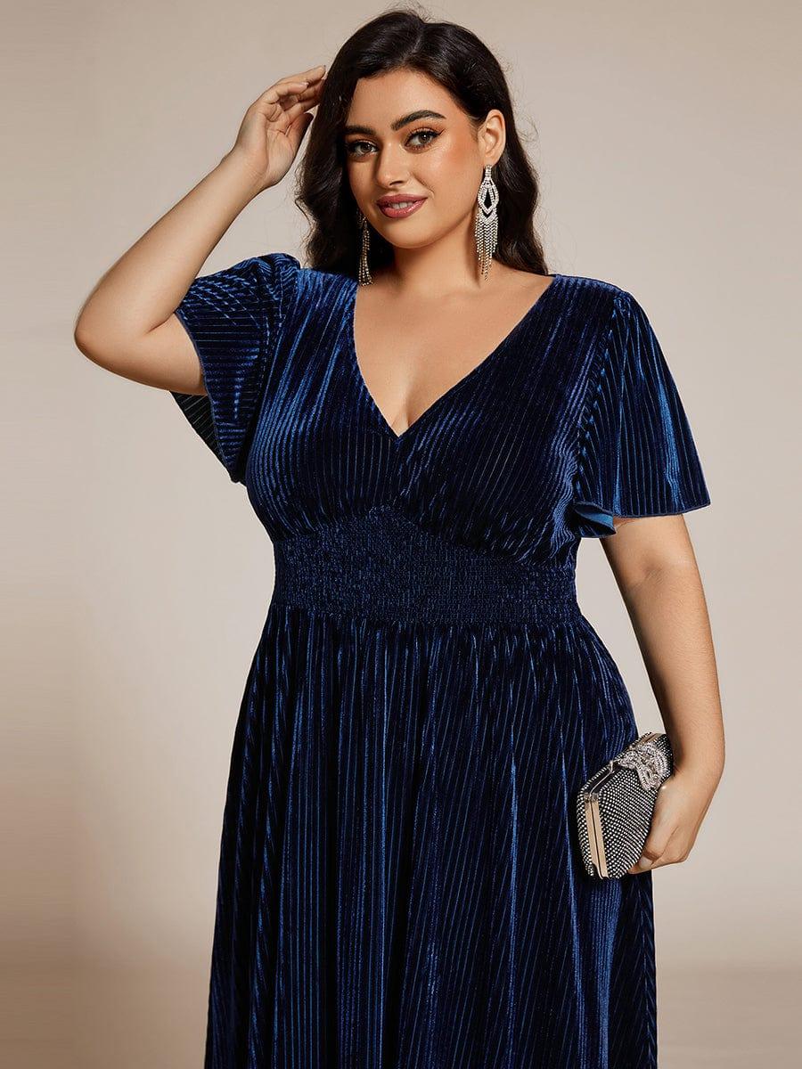 ever AZALEA|Striped Velvet Flutter Sleeves V-Neck Midi Evening Dress
