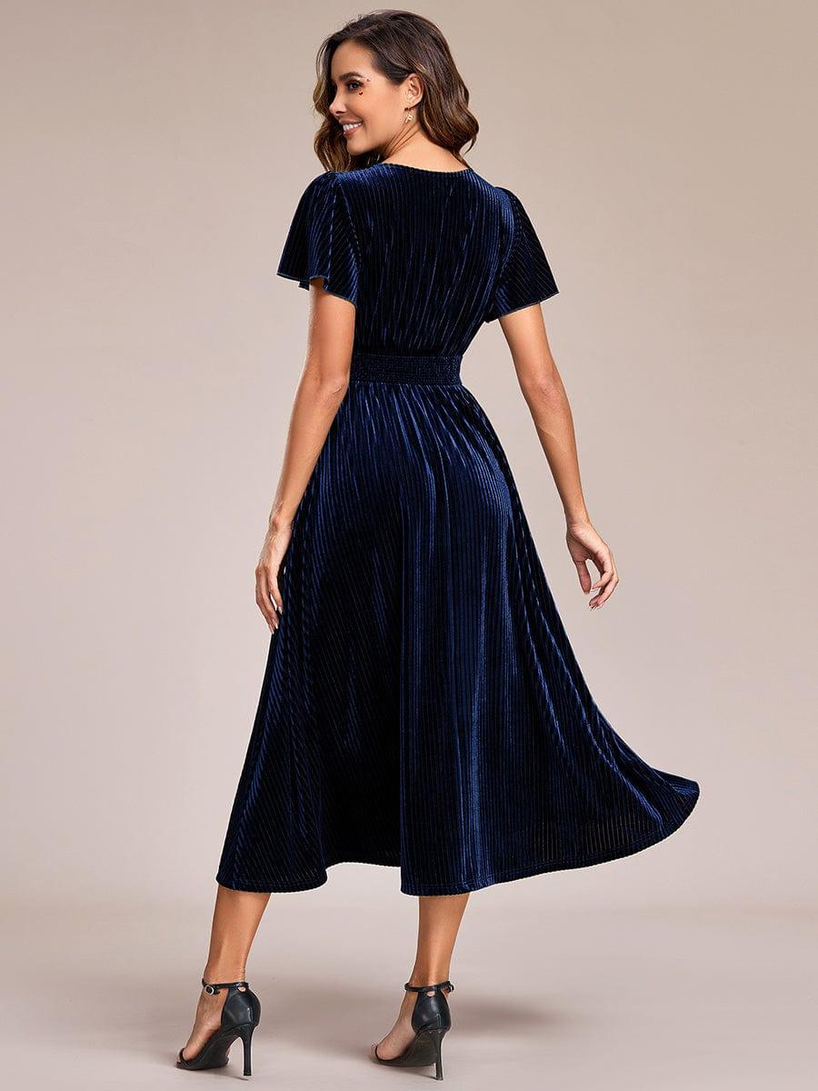 ever AZALEA|Striped Velvet Flutter Sleeves V-Neck Midi Evening Dress