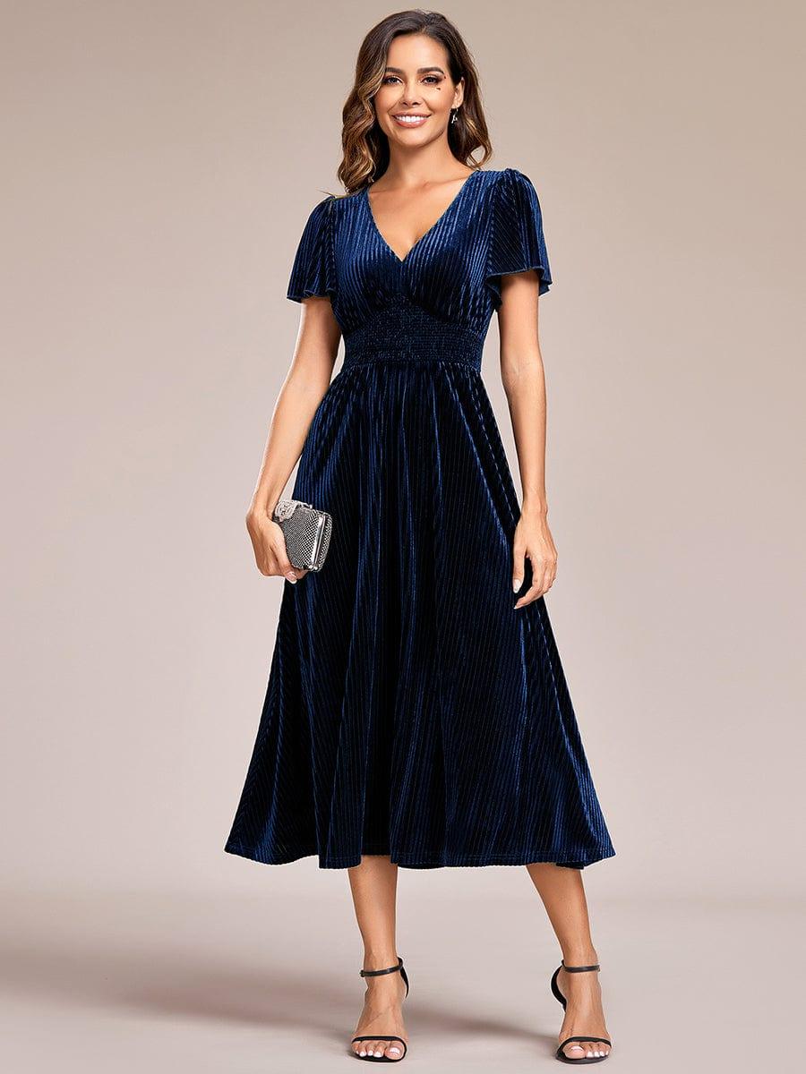 ever AZALEA|Striped Velvet Flutter Sleeves V-Neck Midi Evening Dress
