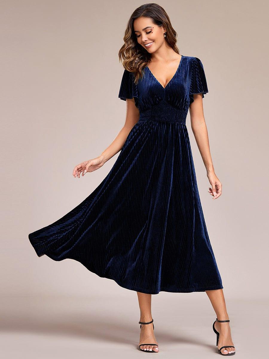 ever AZALEA|Striped Velvet Flutter Sleeves V-Neck Midi Evening Dress