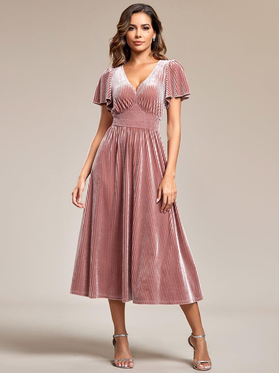 ever AZALEA|Striped Velvet Flutter Sleeves V-Neck Midi Evening Dress
