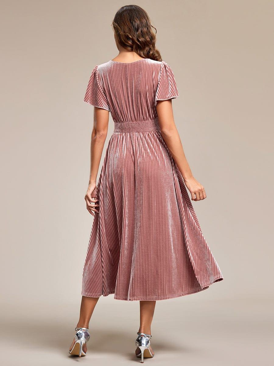 ever AZALEA|Striped Velvet Flutter Sleeves V-Neck Midi Evening Dress