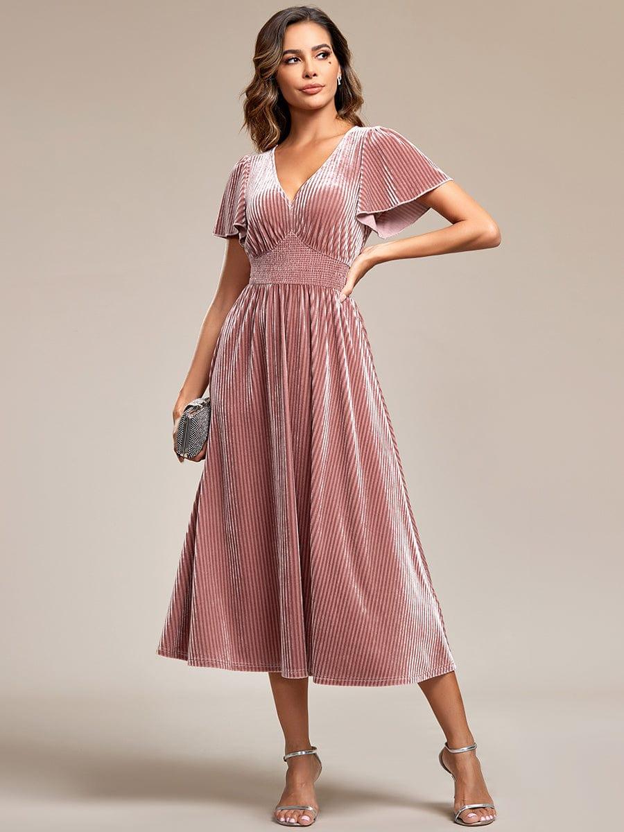ever AZALEA|Striped Velvet Flutter Sleeves V-Neck Midi Evening Dress