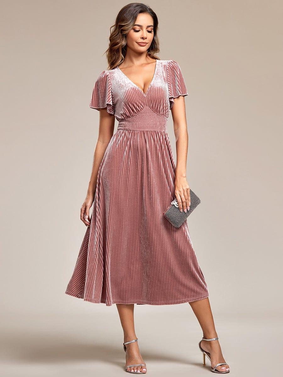 ever AZALEA|Striped Velvet Flutter Sleeves V-Neck Midi Evening Dress