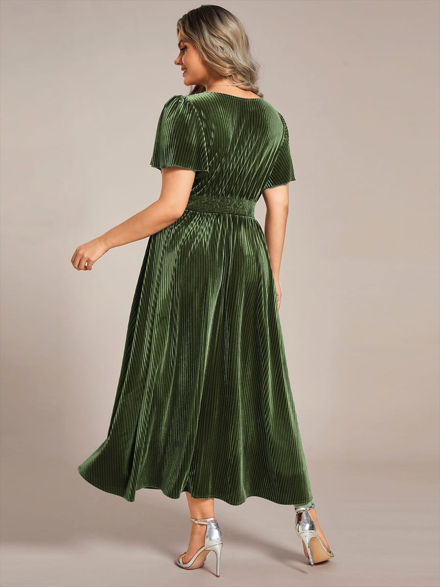ever AZALEA|Striped Velvet Flutter Sleeves V-Neck Midi Evening Dress