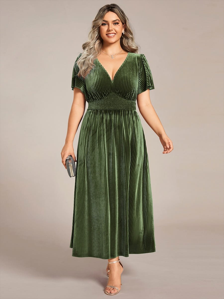 ever AZALEA|Striped Velvet Flutter Sleeves V-Neck Midi Evening Dress