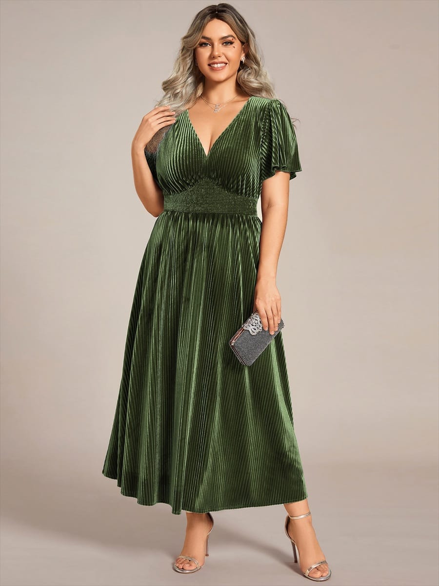 ever AZALEA|Striped Velvet Flutter Sleeves V-Neck Midi Evening Dress