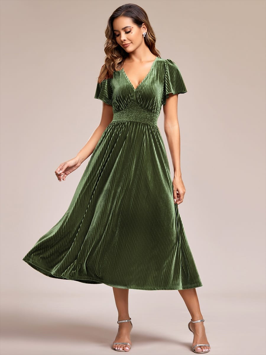ever AZALEA|Striped Velvet Flutter Sleeves V-Neck Midi Evening Dress