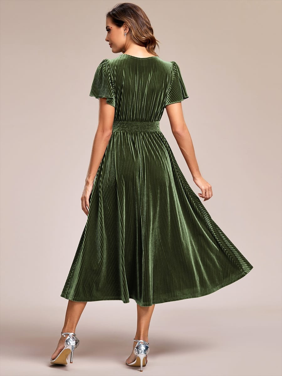 ever AZALEA|Striped Velvet Flutter Sleeves V-Neck Midi Evening Dress