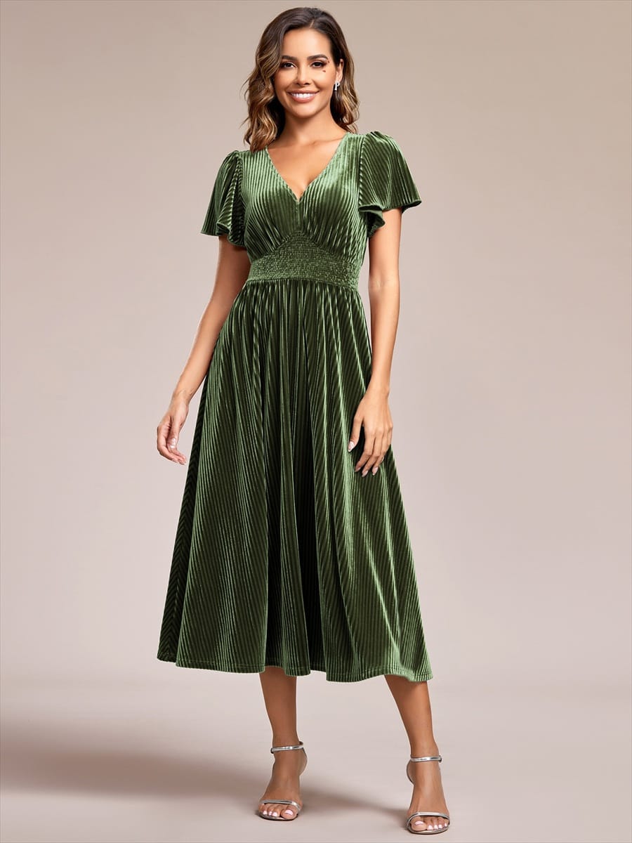ever AZALEA|Striped Velvet Flutter Sleeves V-Neck Midi Evening Dress
