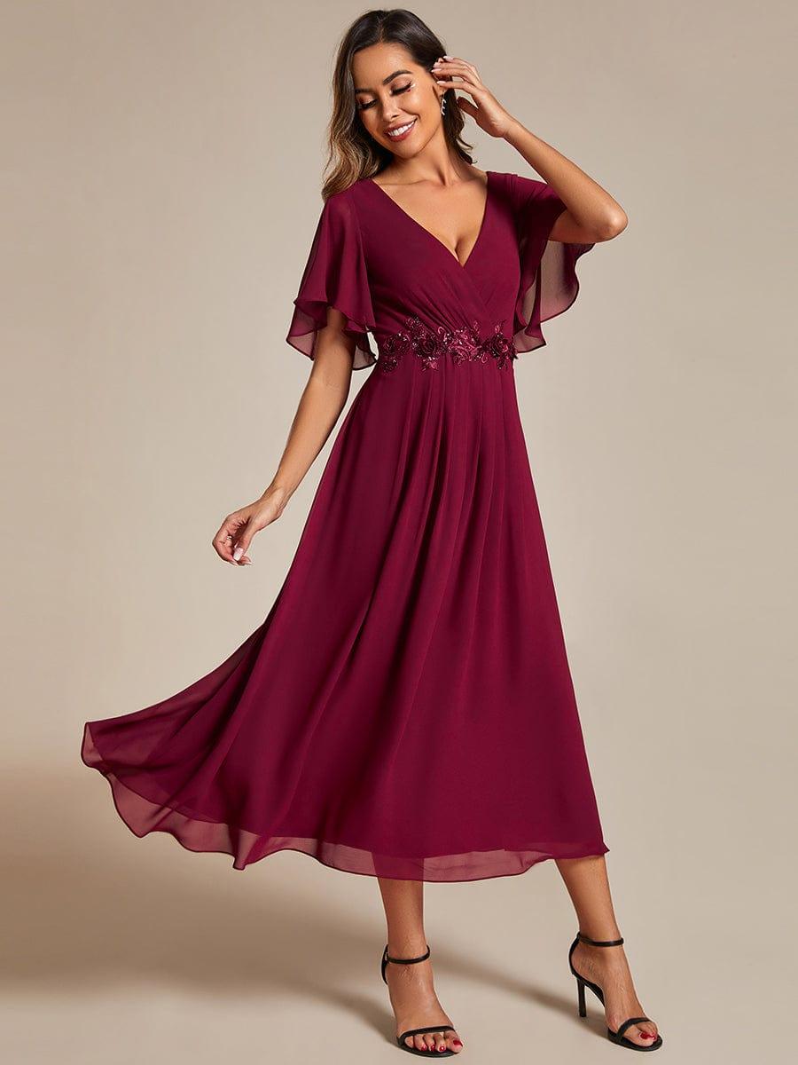 ever DAHLIA|V-Neck Chiffon Midi Evening Dress with Waist Applique (Final Sale)