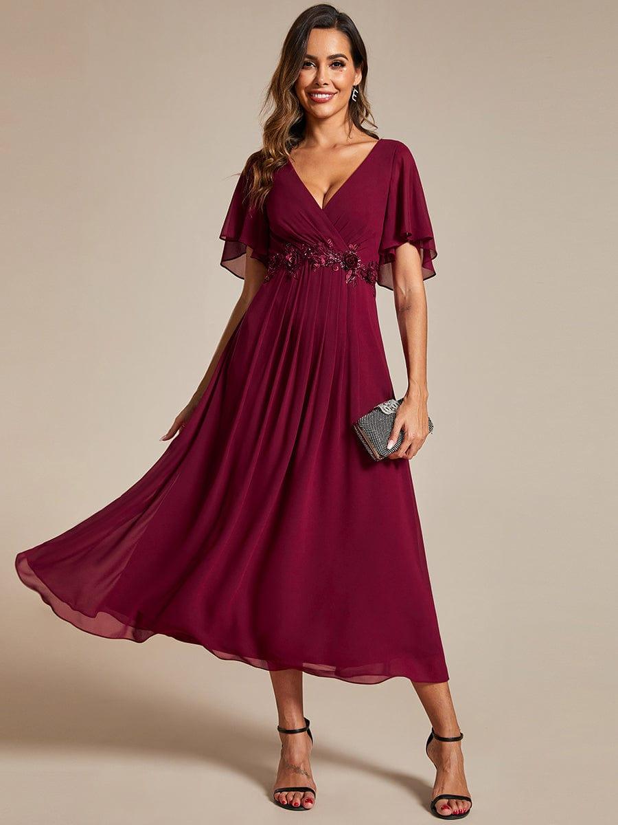 ever DAHLIA|V-Neck Chiffon Midi Evening Dress with Waist Applique (Final Sale)
