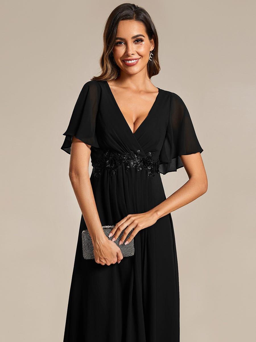 ever DAHLIA|V-Neck Chiffon Midi Evening Dress with Waist Applique (Final Sale)