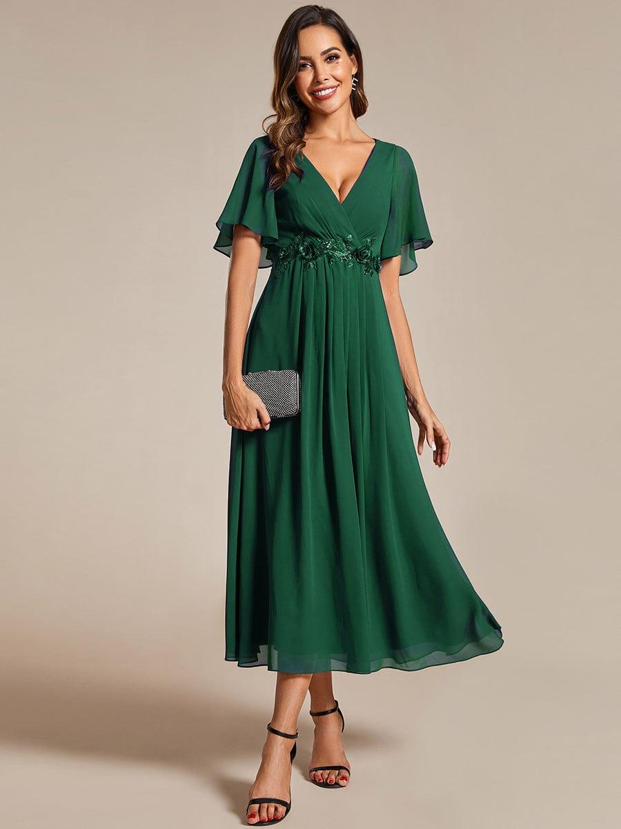 ever DAHLIA|V-Neck Chiffon Midi Evening Dress with Waist Applique (Final Sale)