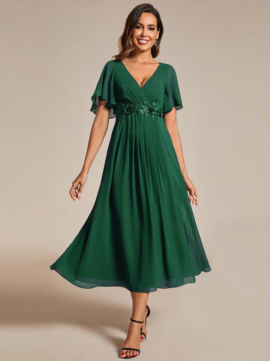 ever DAHLIA|V-Neck Chiffon Midi Evening Dress with Waist Applique (Final Sale)