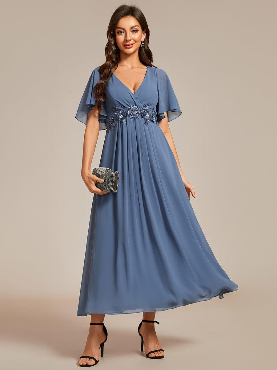 ever DAHLIA|V-Neck Chiffon Midi Evening Dress with Waist Applique (Final Sale)