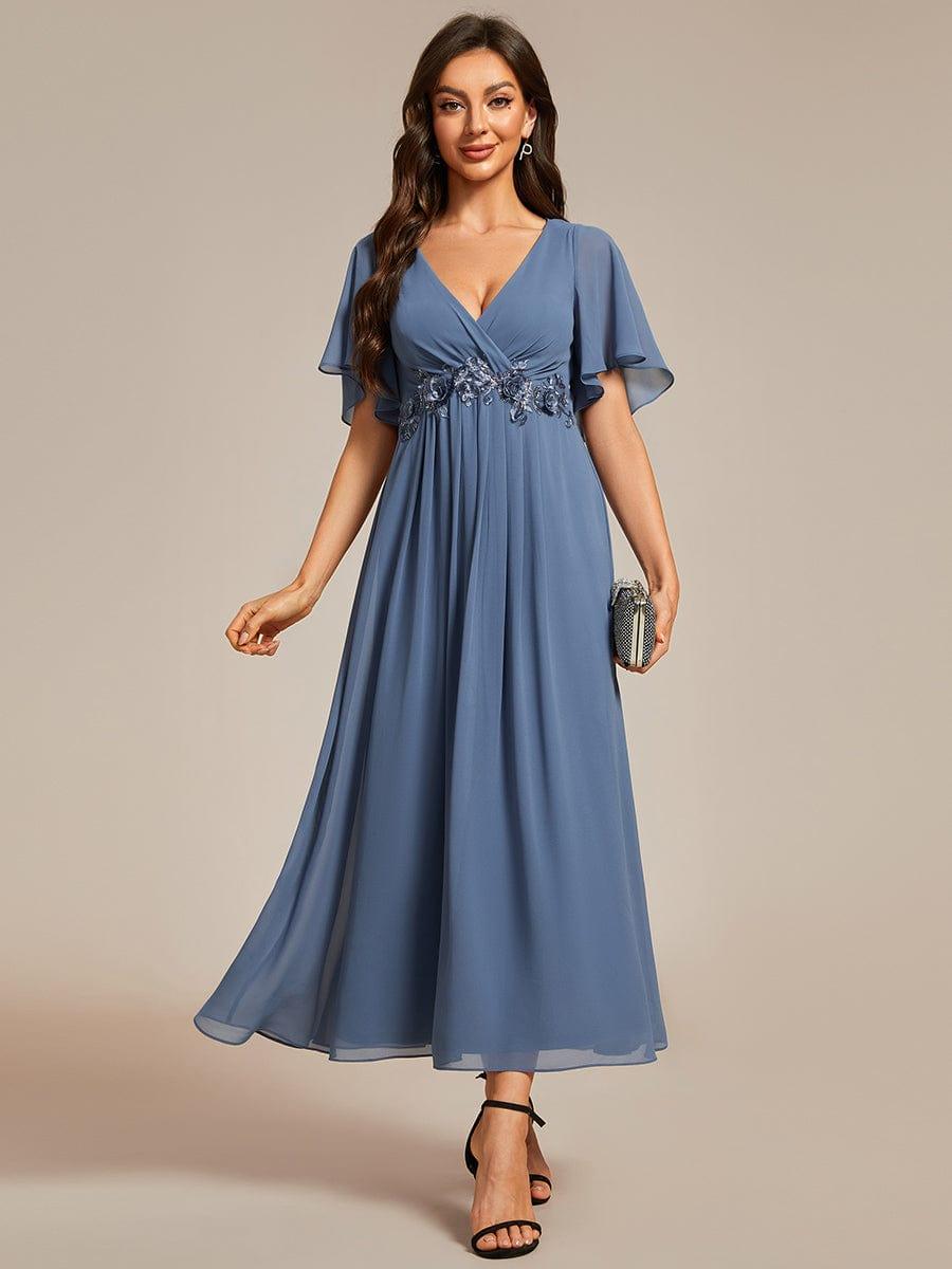 ever DAHLIA|V-Neck Chiffon Midi Evening Dress with Waist Applique (Final Sale)