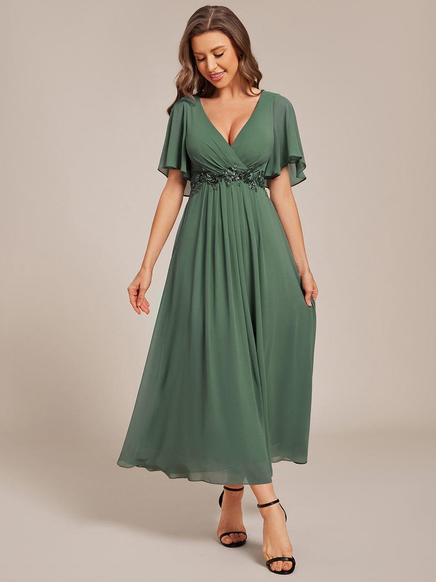 ever DAHLIA|V-Neck Chiffon Midi Evening Dress with Waist Applique (Final Sale)