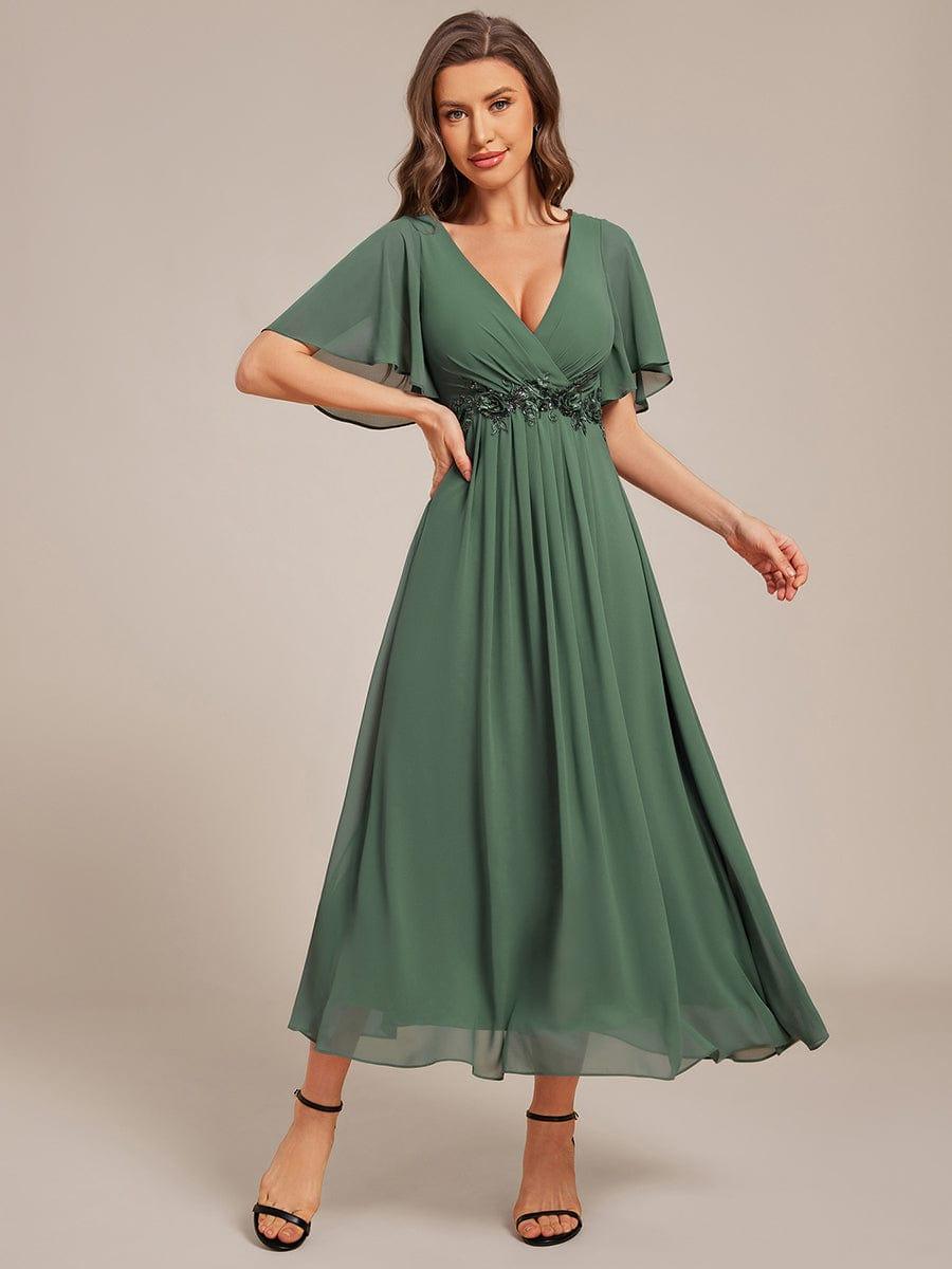 ever DAHLIA|V-Neck Chiffon Midi Evening Dress with Waist Applique (Final Sale)