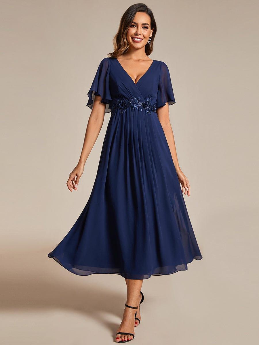 ever DAHLIA|V-Neck Chiffon Midi Evening Dress with Waist Applique (Final Sale)
