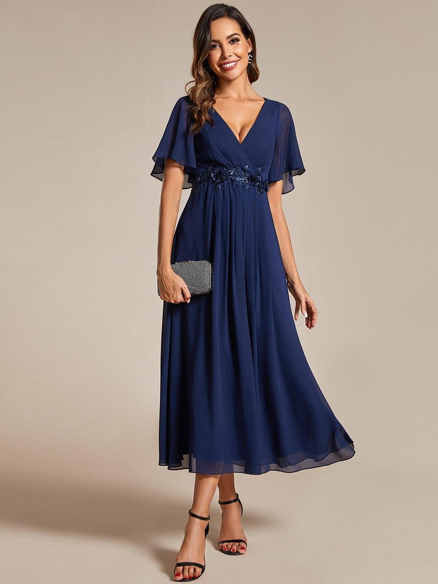 ever DAHLIA|V-Neck Chiffon Midi Evening Dress with Waist Applique (Final Sale)