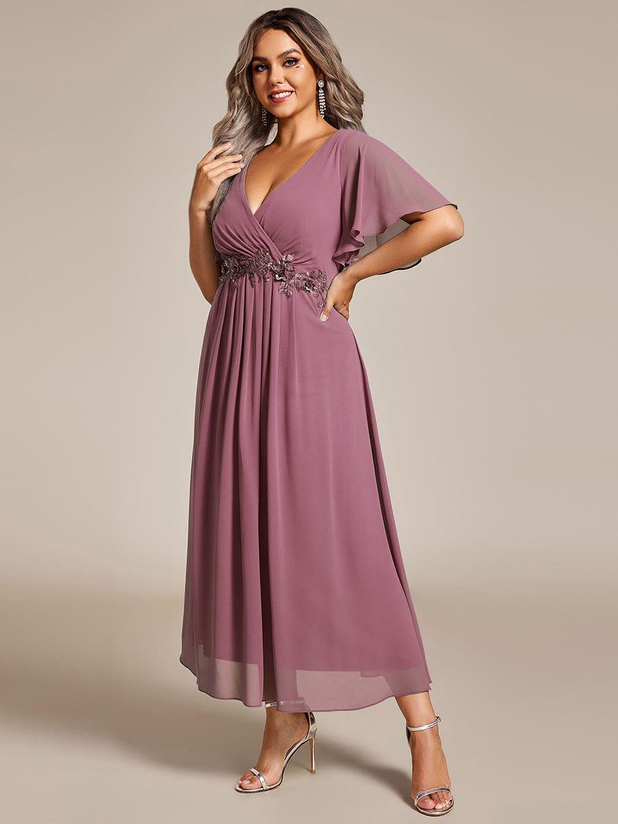 ever DAHLIA|V-Neck Chiffon Midi Evening Dress with Waist Applique (Final Sale)