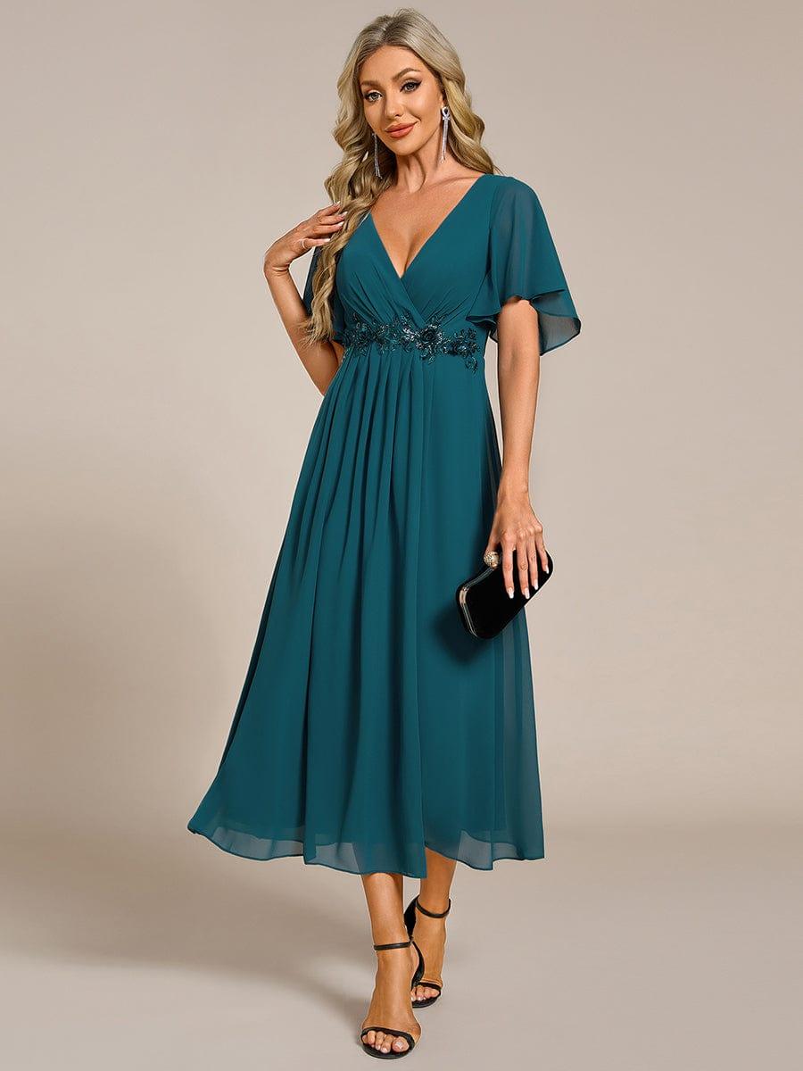 ever DAHLIA|V-Neck Chiffon Midi Evening Dress with Waist Applique (Final Sale)