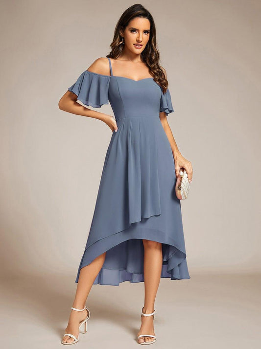 ever JORDANE|Off-Shoulder High-Low Chiffon Bridesmaid Dresses with Short Sleeves