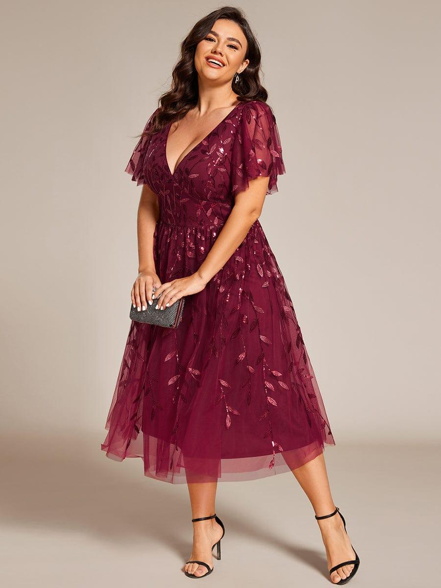 pretty SIMONE|Plus Size Leaf Sequin Tulle Midi Wedding Guest Dress (Final Sale)