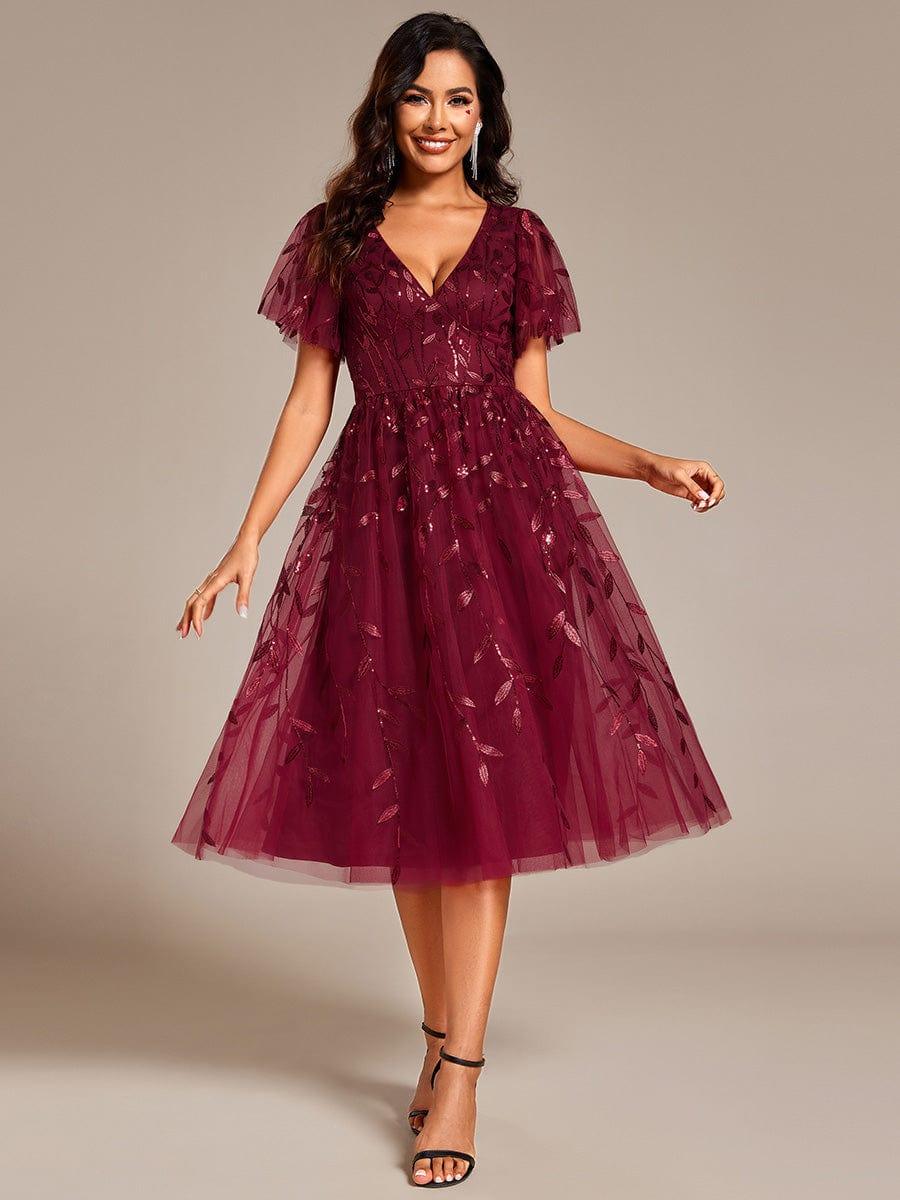 ever SIMONE|Leaf Sequin Short Sleeve Tulle Midi Dress (Final Sale)
