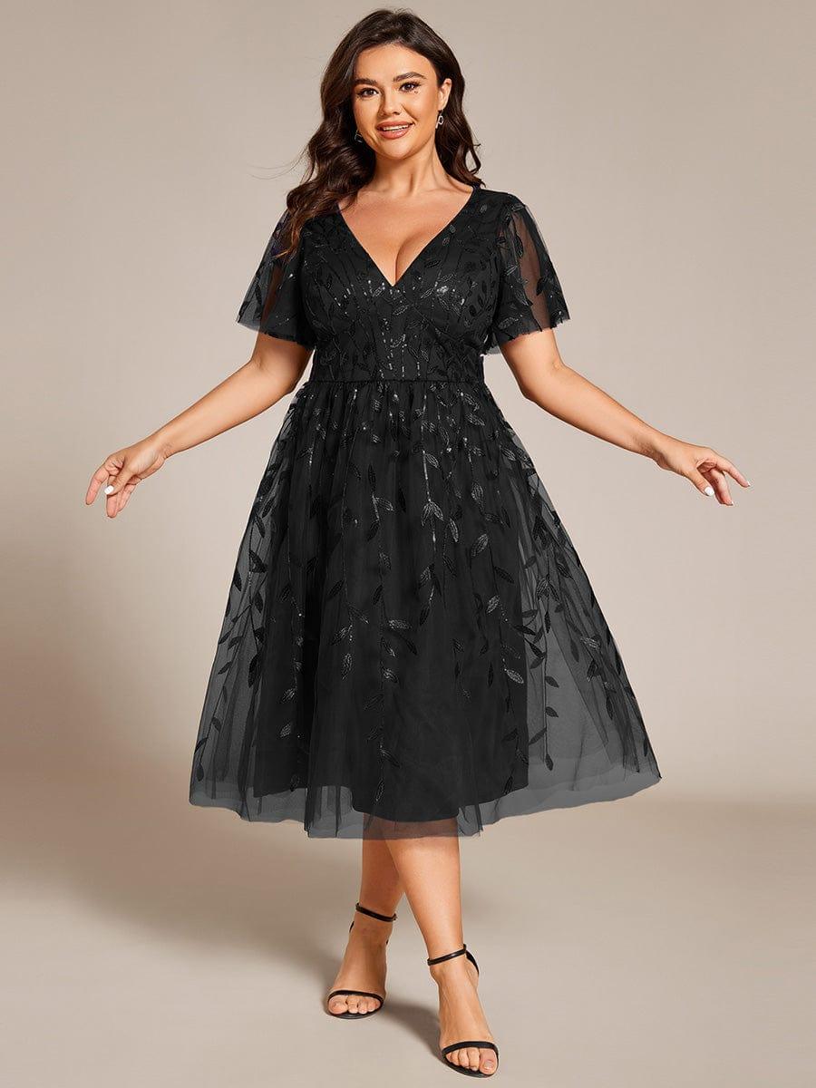 pretty SIMONE|Plus Size Leaf Sequin Tulle Midi Wedding Guest Dress (Final Sale)
