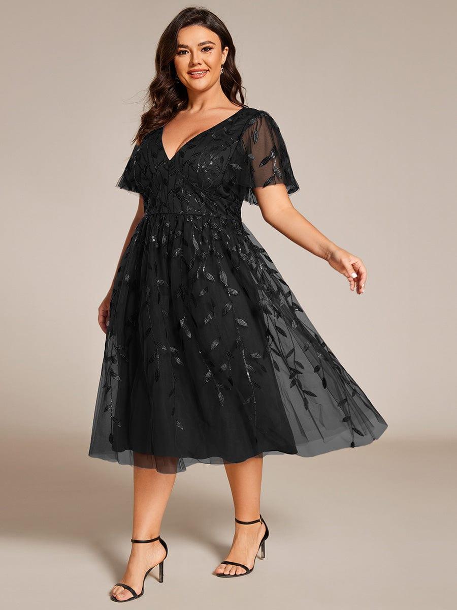 pretty SIMONE|Plus Size Leaf Sequin Tulle Midi Wedding Guest Dress (Final Sale)