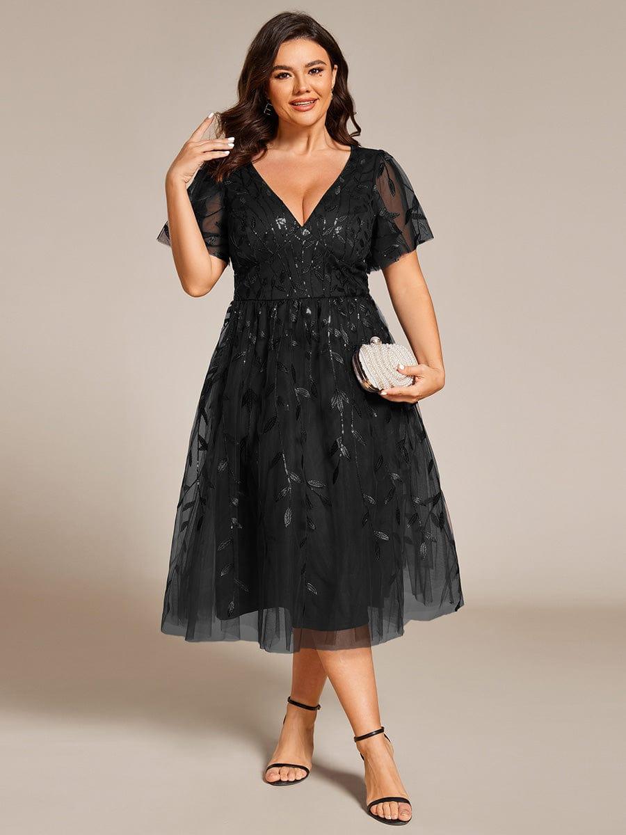 pretty SIMONE|Plus Size Leaf Sequin Tulle Midi Wedding Guest Dress (Final Sale)