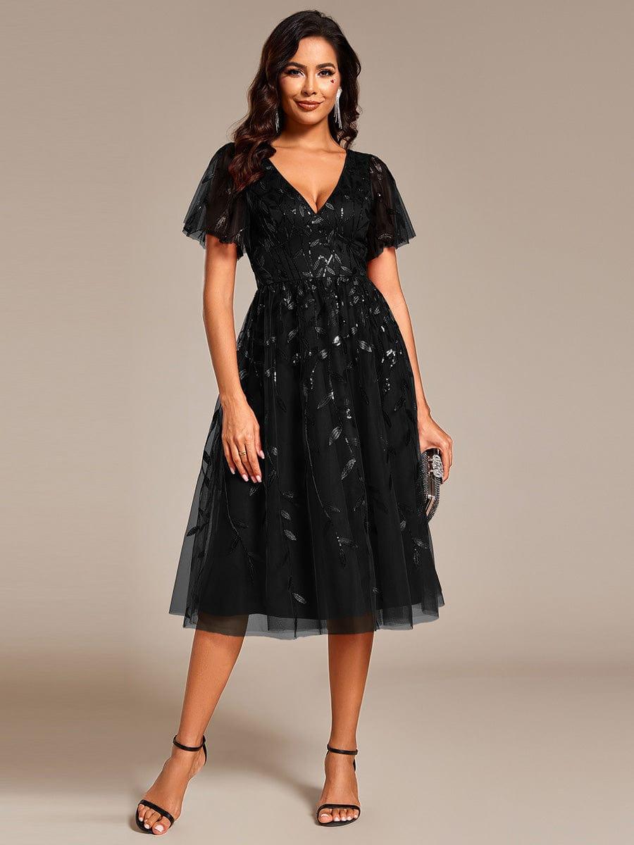 ever SIMONE|Leaf Sequin Short Sleeve Tulle Midi Dress (Final Sale)