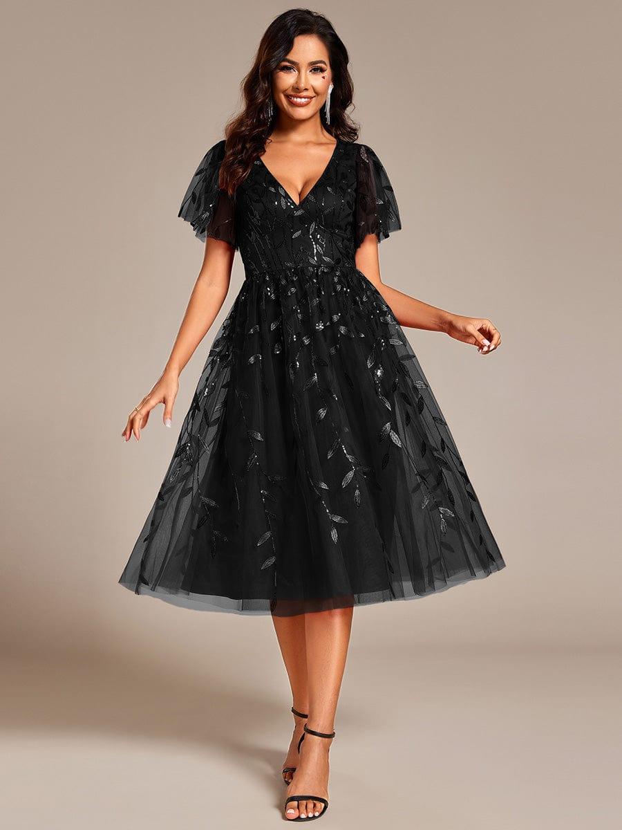 ever SIMONE|Leaf Sequin Short Sleeve Tulle Midi Dress (Final Sale)
