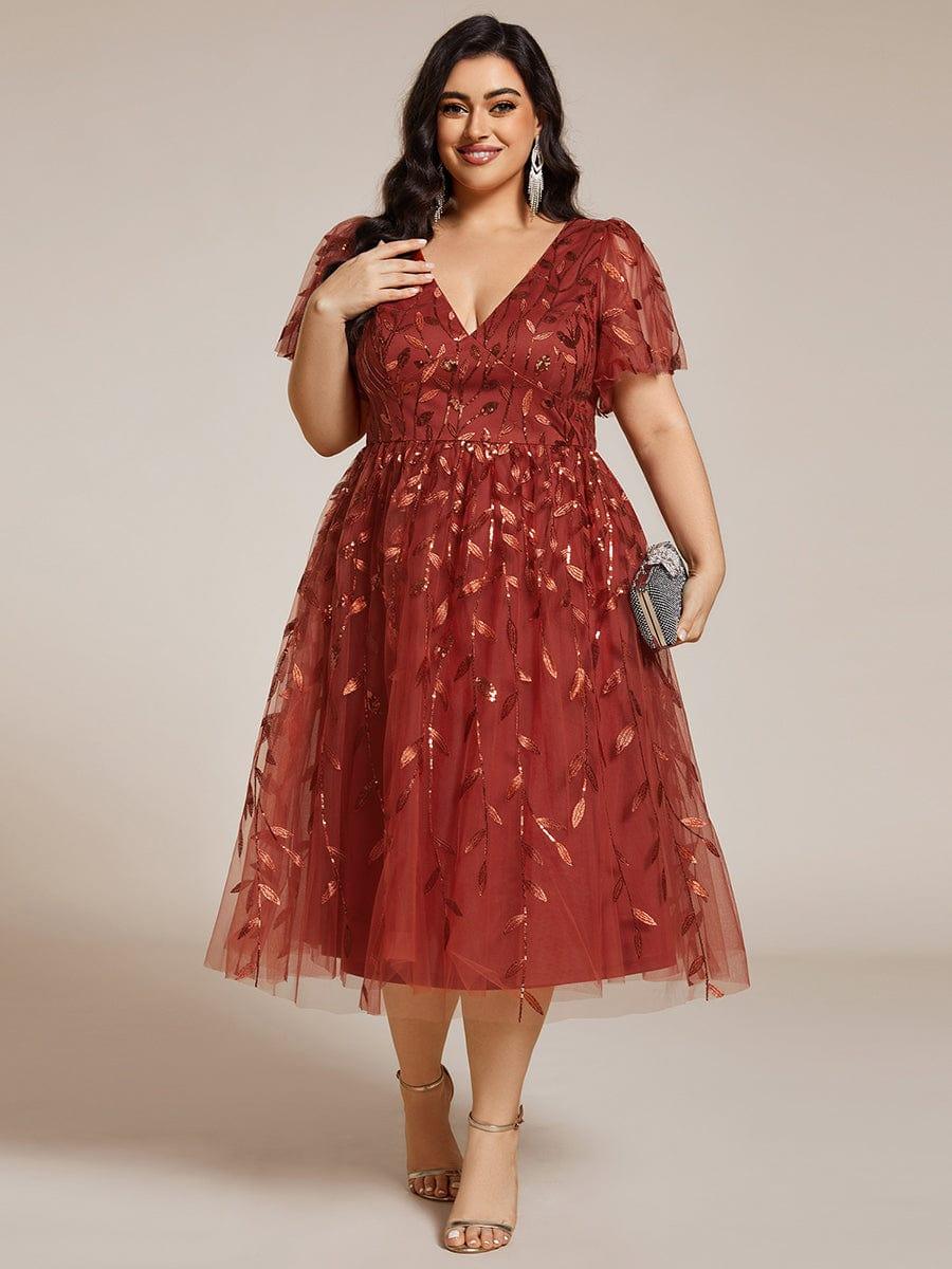 pretty SIMONE|Plus Size Leaf Sequin Tulle Midi Wedding Guest Dress (Final Sale)