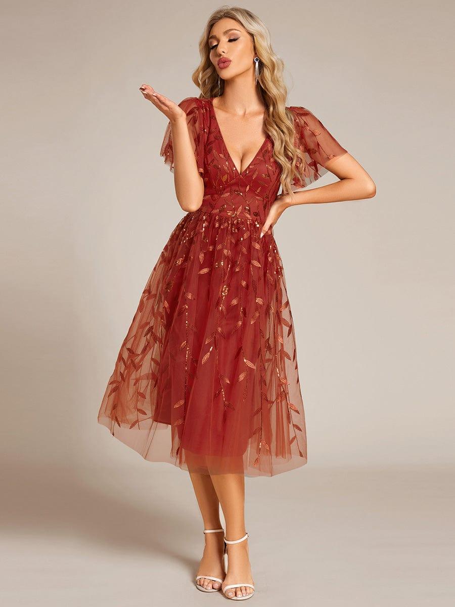 ever SIMONE|Leaf Sequin Short Sleeve Tulle Midi Dress (Final Sale)