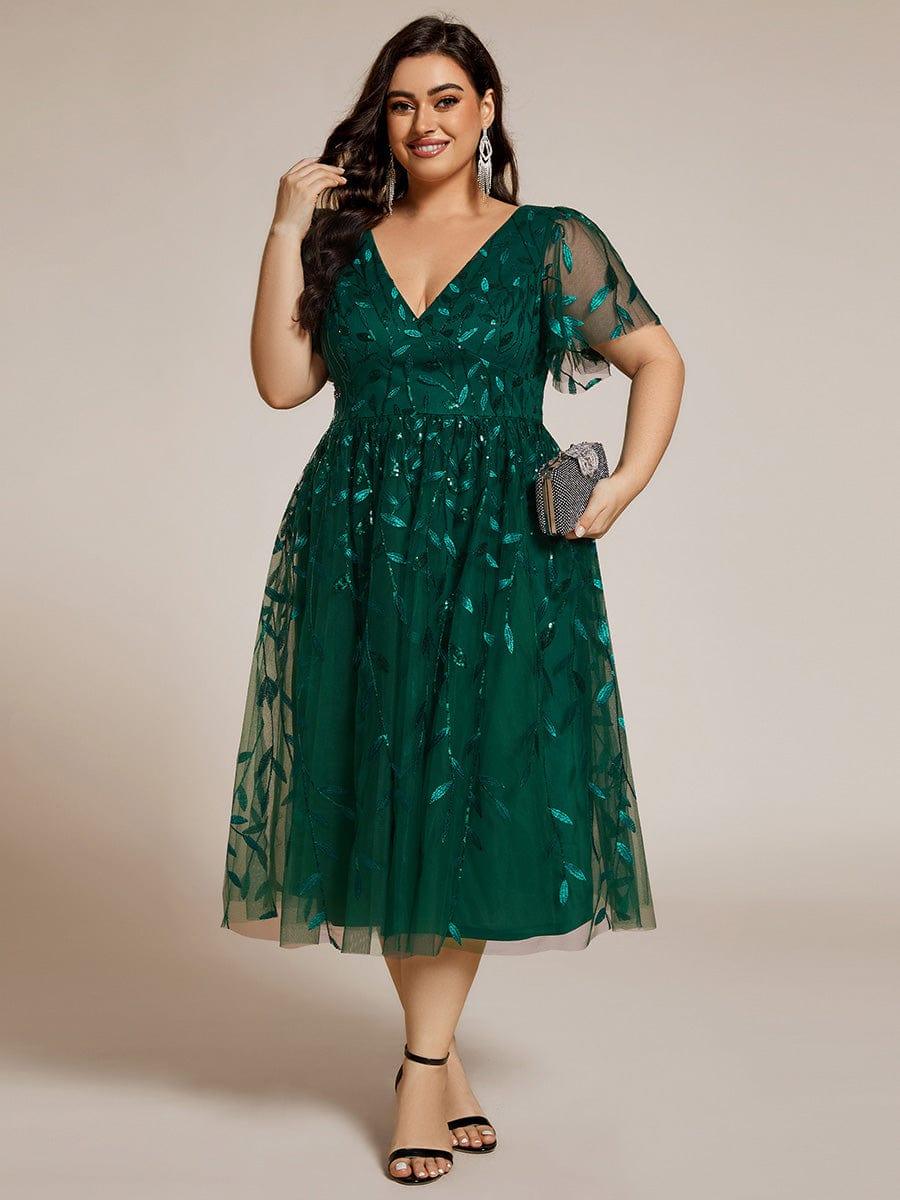 pretty SIMONE|Plus Size Leaf Sequin Tulle Midi Wedding Guest Dress (Final Sale)