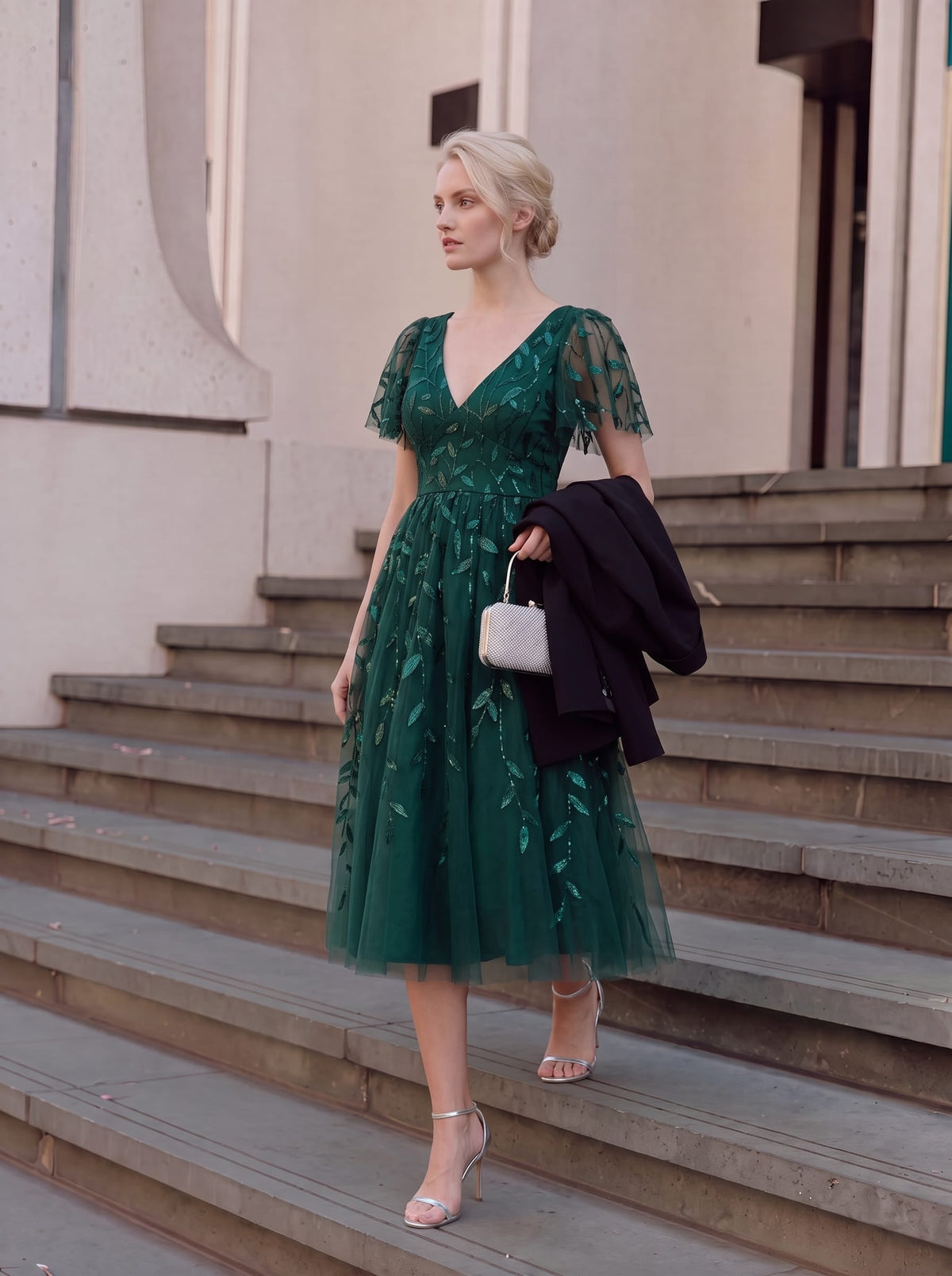 ever SIMONE|Leaf Sequin Short Sleeve Tulle Midi Dress (Final Sale)