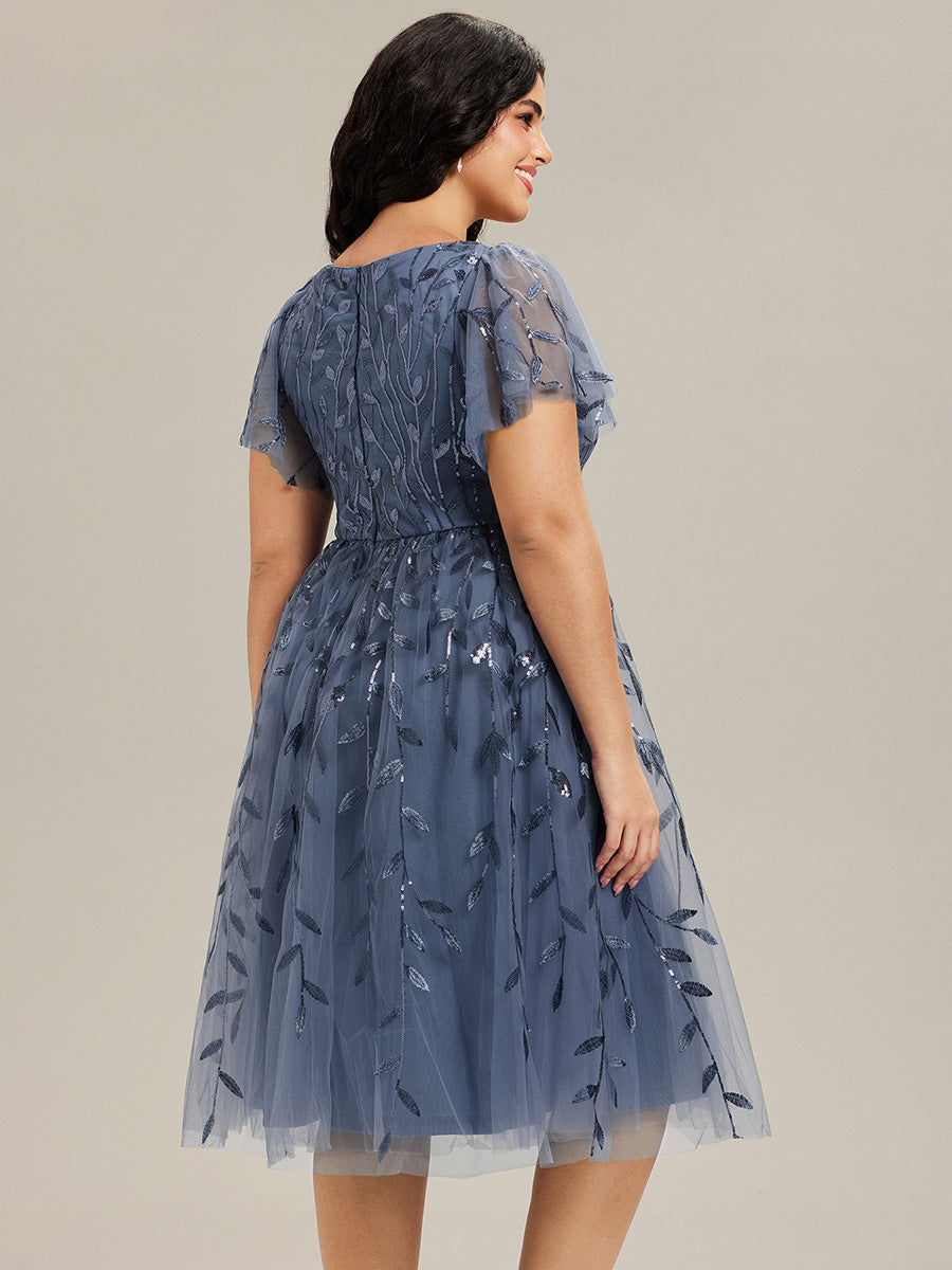 ever SIMONE|Leaf Sequin Short Sleeve Tulle Midi Dress (Final Sale)