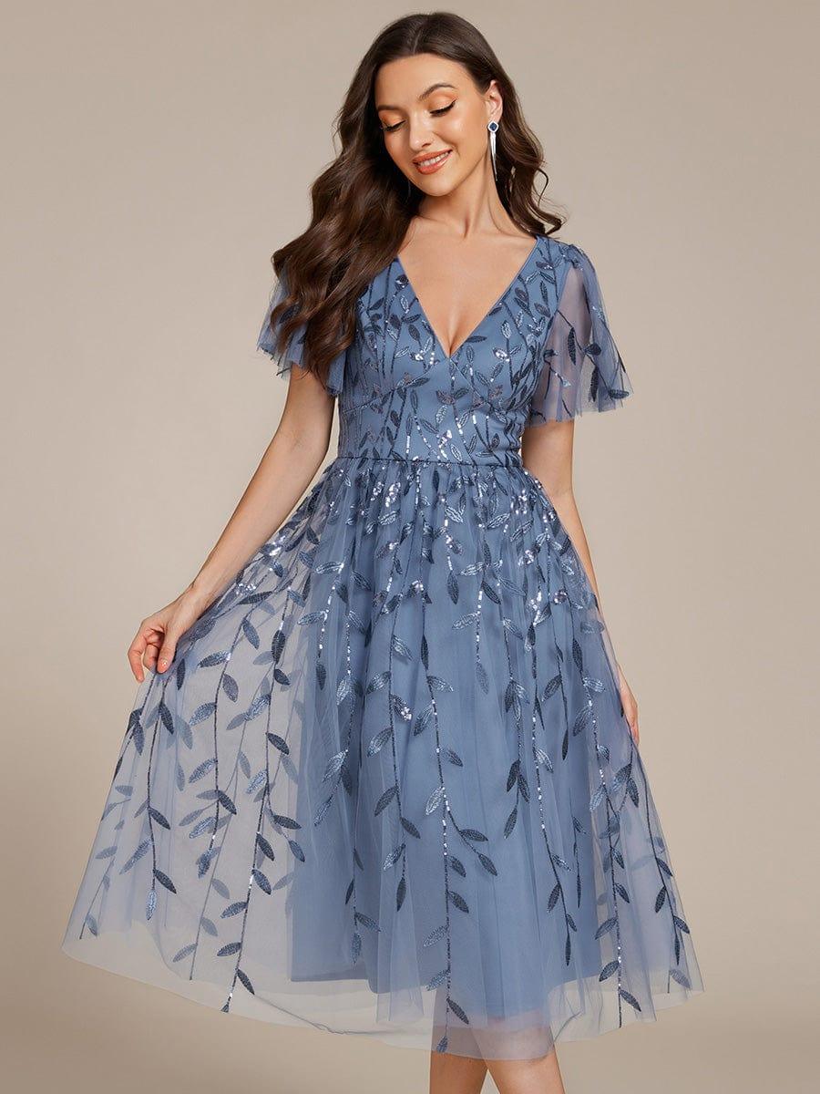 ever SIMONE|Leaf Sequin Short Sleeve Tulle Midi Dress (Final Sale)