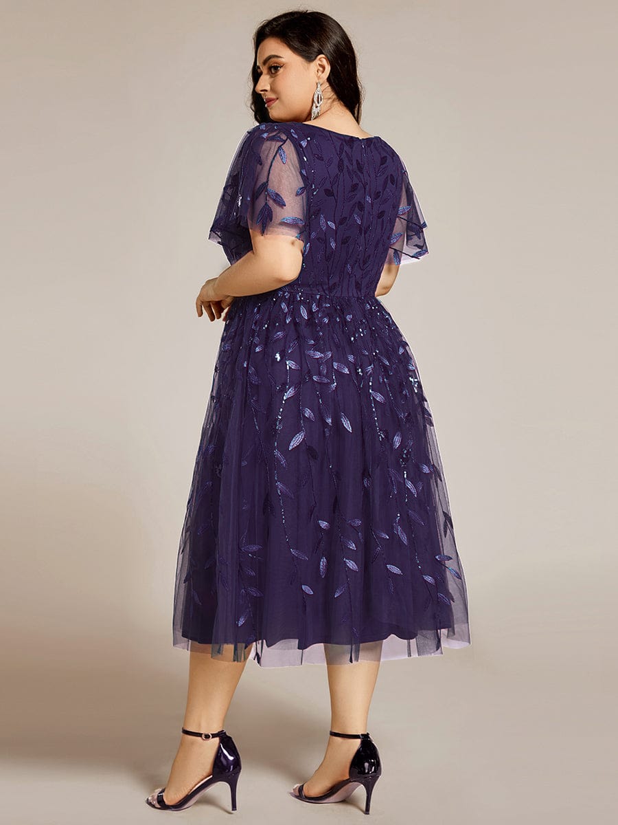 pretty SIMONE|Plus Size Leaf Sequin Tulle Midi Wedding Guest Dress (Final Sale)