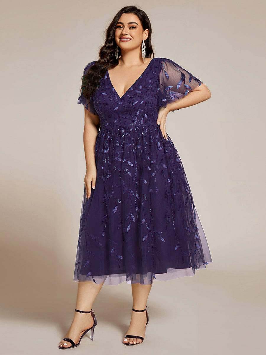 ever SIMONE|Leaf Sequin Short Sleeve Tulle Midi Dress (Final Sale)