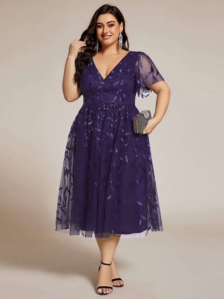pretty SIMONE|Plus Size Leaf Sequin Tulle Midi Wedding Guest Dress (Final Sale)